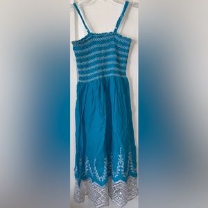 Like New Magic Turquoise Smocked, Embroidered, & Lace-Trimmed Cotton Sundress